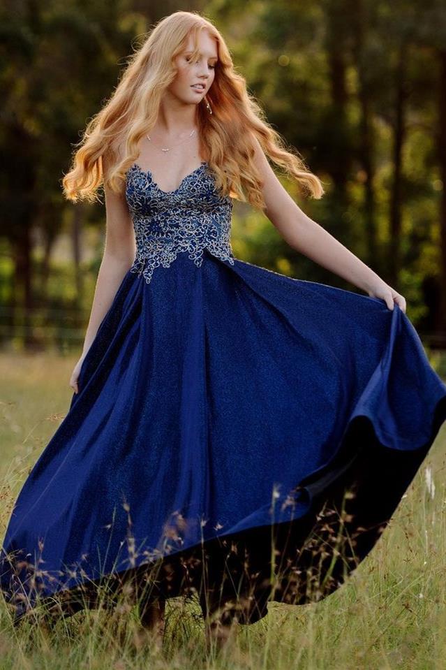 A-line Spaghetti Straps Empire-Waist Appliques Pleated Long Prom Dress
