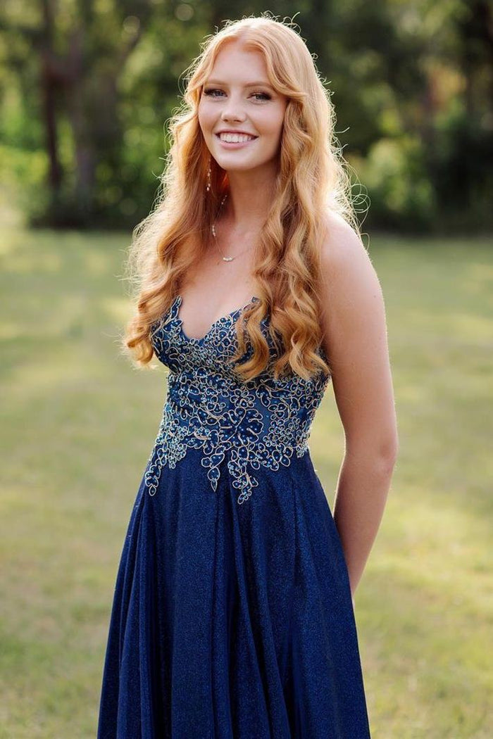 A-line Spaghetti Straps Empire-Waist Appliques Pleated Long Prom Dress