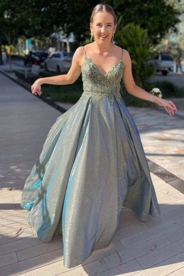 A-line Spaghetti Straps Empire-Waist Appliques Pleated Long Prom Dress