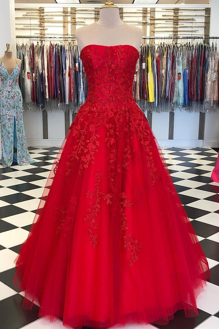 A-Line Strapless Red Lace Appliques Empire-Waist Sleeveless Long Formal Gown