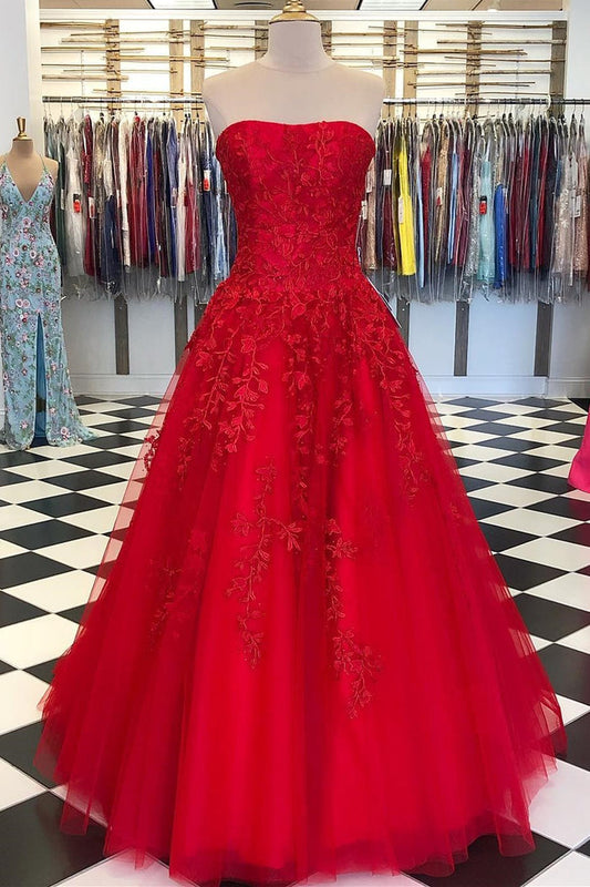 A-Line Strapless Red Lace Appliques Empire-Waist Sleeveless Long Formal Gown