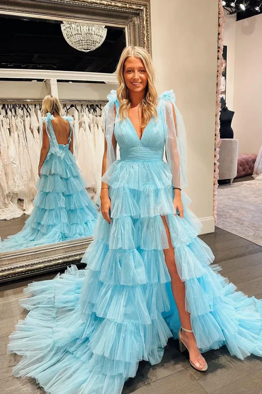 A-Line V Neck Straps Open Back Tiered Blue Prom Dress with High Side Slit and Train
