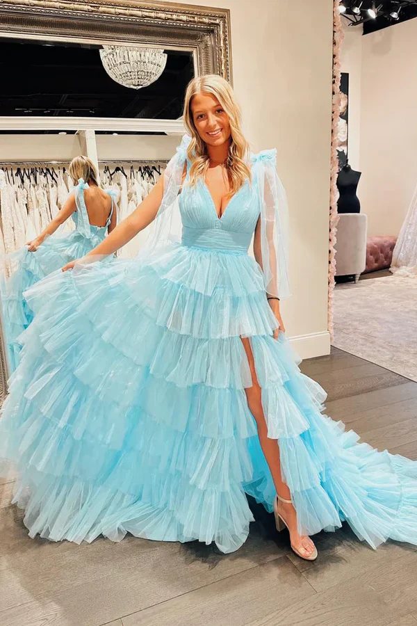 A-Line V Neck Straps Open Back Tiered Blue Prom Dress with High Side Slit and Train