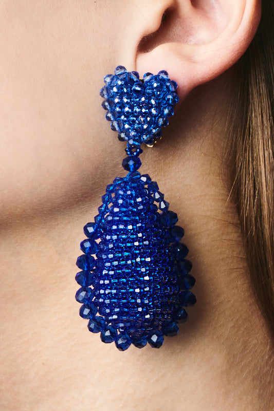 ADELINE BLUE GLASS BEADED HEART DROP EARRINGS