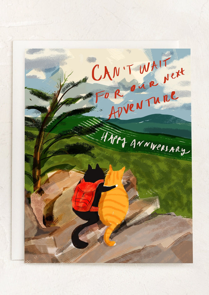 An illustrated greeting card with two cats sitting on a mountaintop, text reads "Happy anniversary, can't wait for our next adventure".
