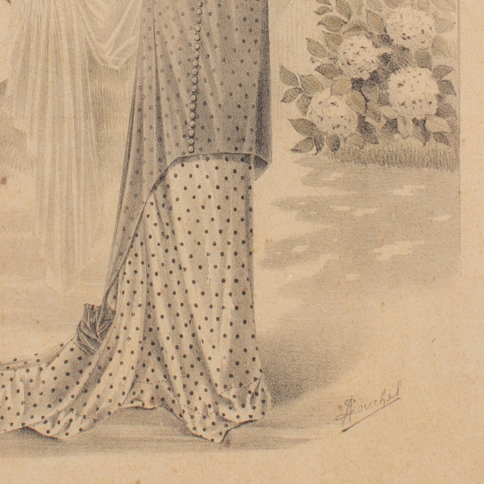Antique French Fashion Print in Frame