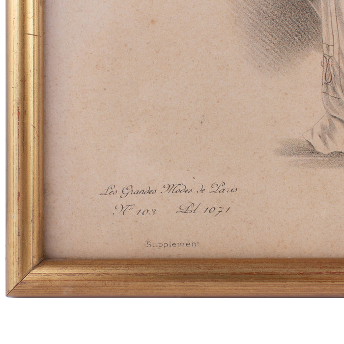 Antique French Fashion Print in Frame