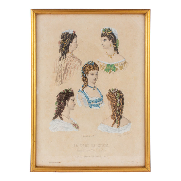 Antique French Hairstyle Fashion Print in Frame