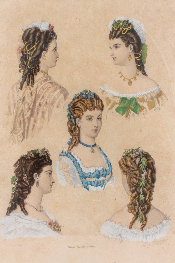 Antique French Hairstyle Fashion Print in Frame