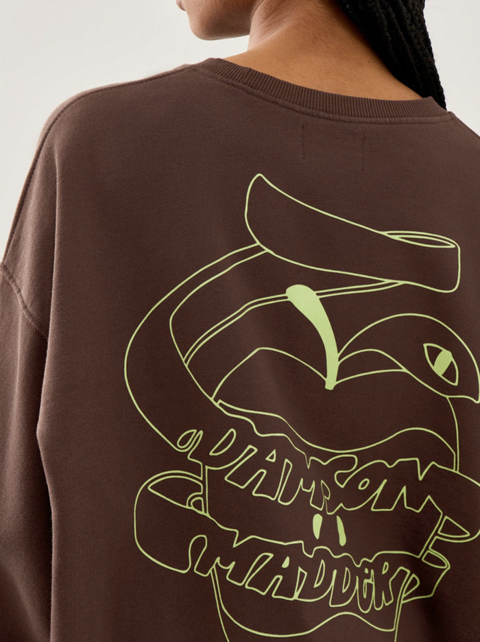 Brown sweatshirt with green graphic design on a plain background