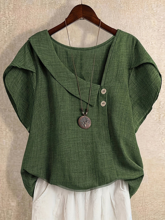 Asymmetric Neck Casual Blouse with Button Detail