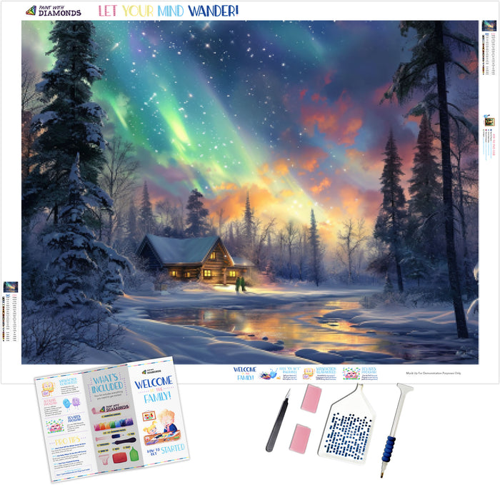 Aurora Borealis Over a Snowy Forest Clearing