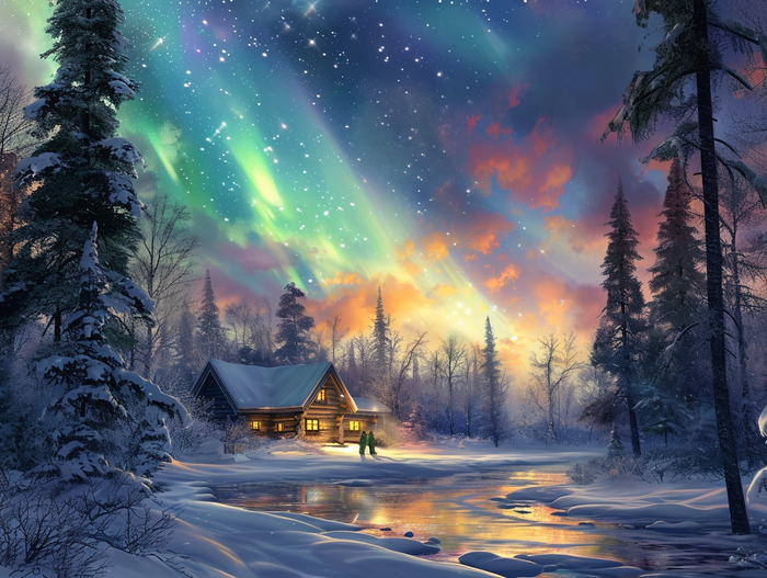Aurora Borealis Over a Snowy Forest Clearing