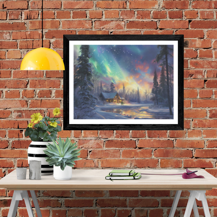 Aurora Borealis Over a Snowy Forest Clearing