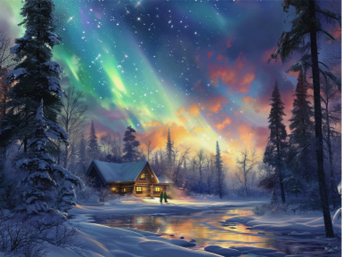Aurora Borealis Over a Snowy Forest Clearing