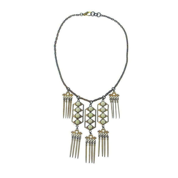Beachcomber necklace: gold & bronze chain, off-white stones, geometric pendant with fringe accents.