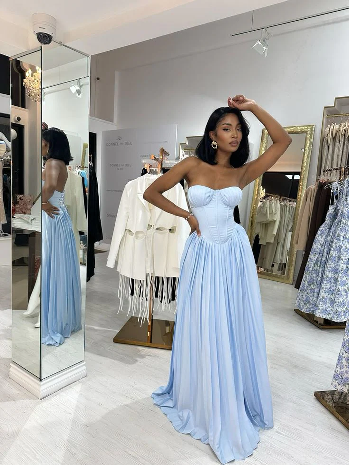 Beautiful Blue Strapless A Line Bridesmaid Dress Princess Birthday Party Dress