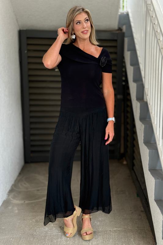 Black made in Italy silk pants with side slit detail