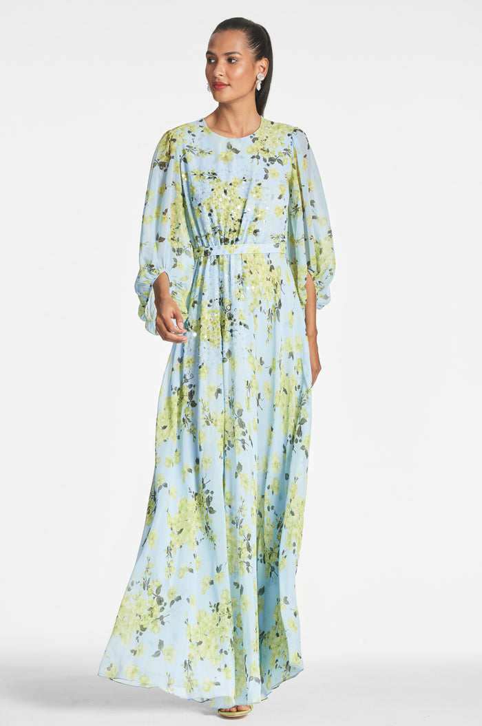 BIANCA BLUE GREEN FLORAL CHIFFON FLOOR LENGTH GOWN - FINAL SALE