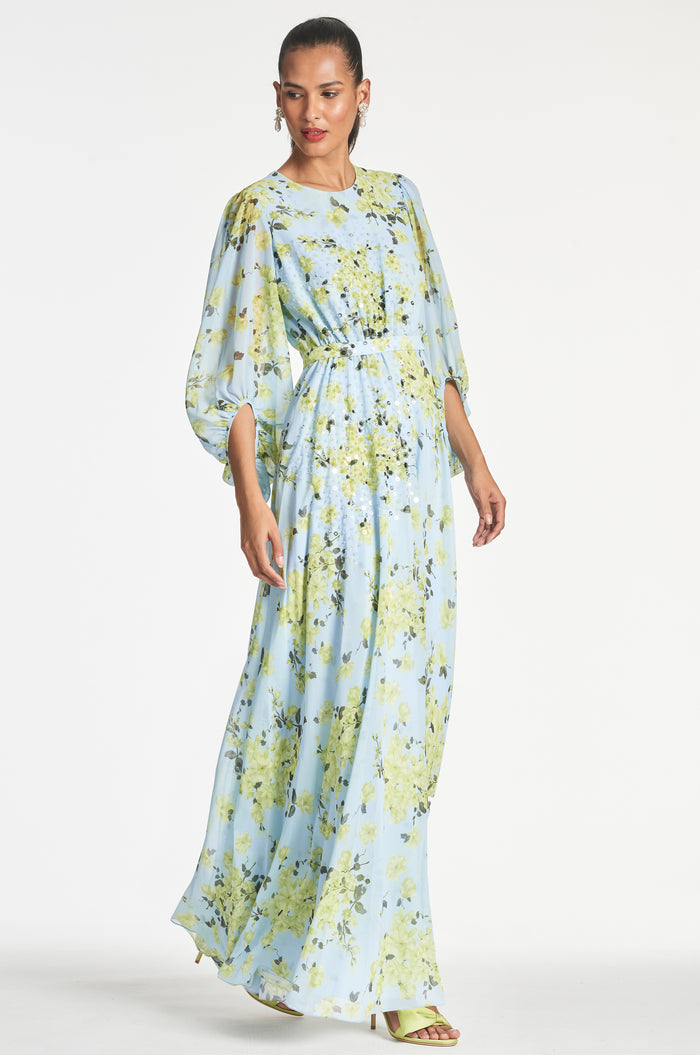 BIANCA BLUE GREEN FLORAL CHIFFON FLOOR LENGTH GOWN - FINAL SALE