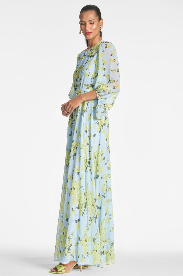 BIANCA BLUE GREEN FLORAL CHIFFON FLOOR LENGTH GOWN - FINAL SALE