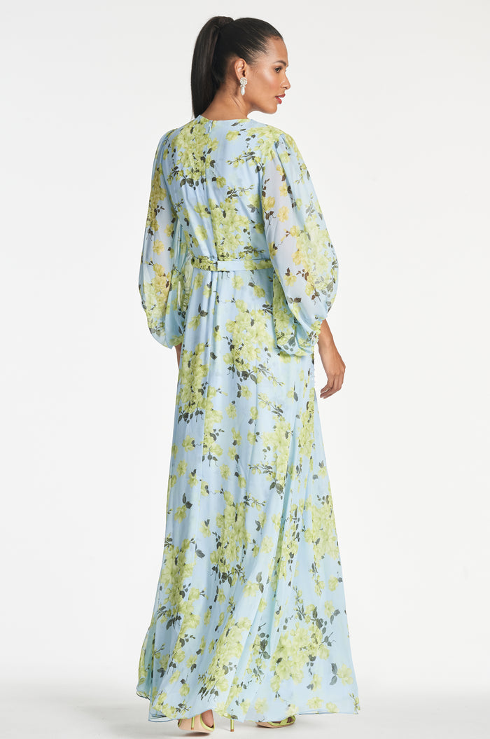 BIANCA BLUE GREEN FLORAL CHIFFON FLOOR LENGTH GOWN - FINAL SALE