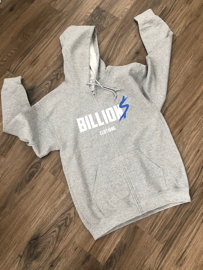 Billionsclothing Vandalism” Zip-Up Hoodie (Grey/White/Blue)