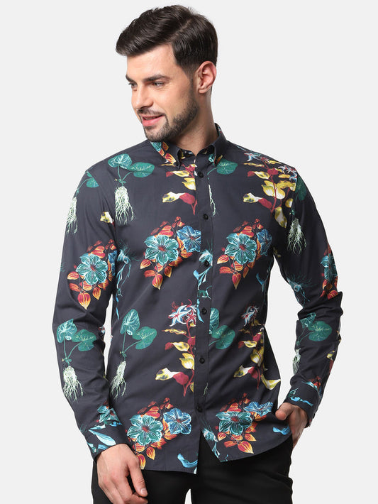 Black Floral Print Full Sleeves Shirt