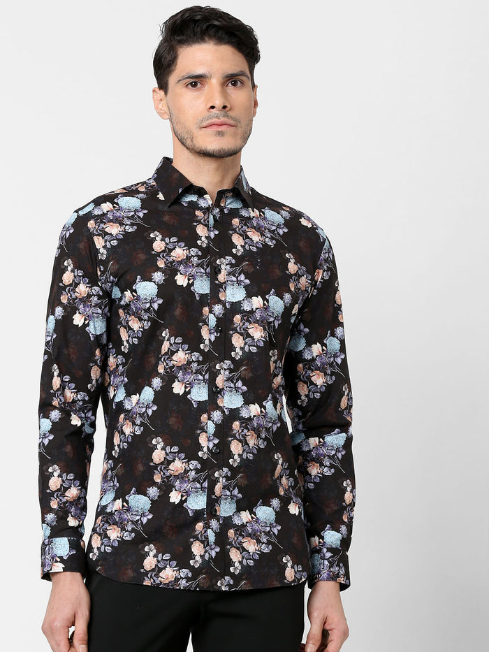 Black Floral Print Full Sleeves Shirt