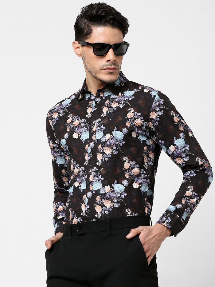 Black Floral Print Full Sleeves Shirt