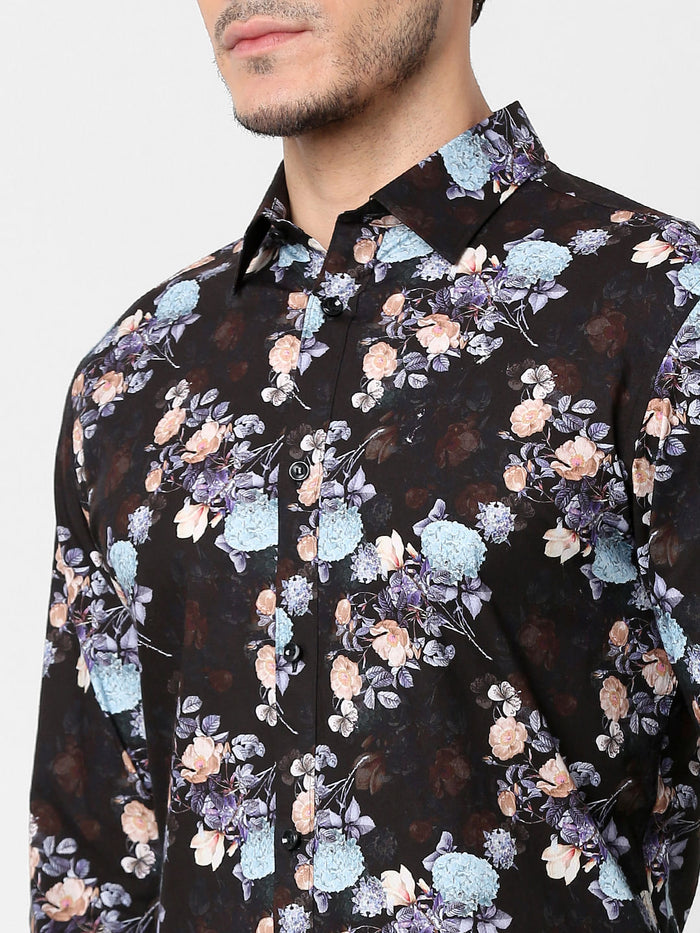 Black Floral Print Full Sleeves Shirt
