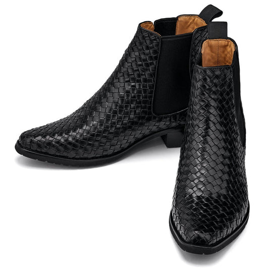 Black Woven Slip-On High-Top Chelsea Ankle Boots - 3.3 Inches Taller - SARTORO
