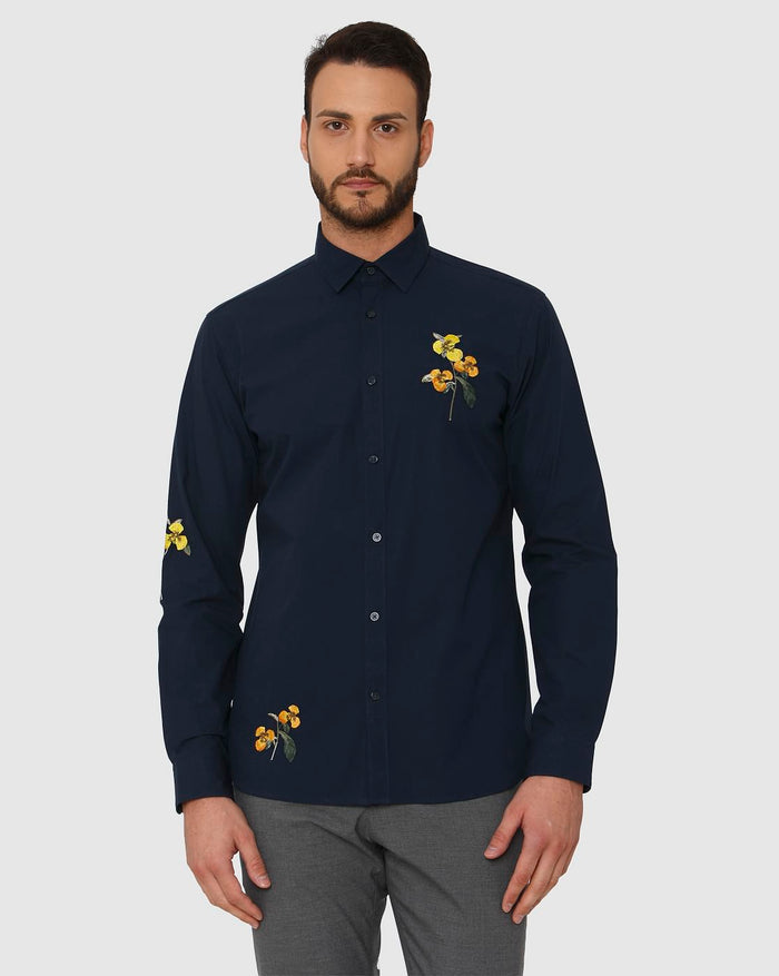 Blue Floral Embroidered Full Sleeves Shirt