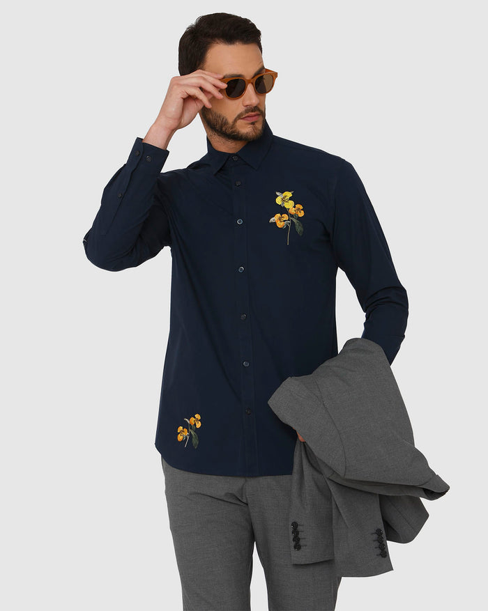 Blue Floral Embroidered Full Sleeves Shirt