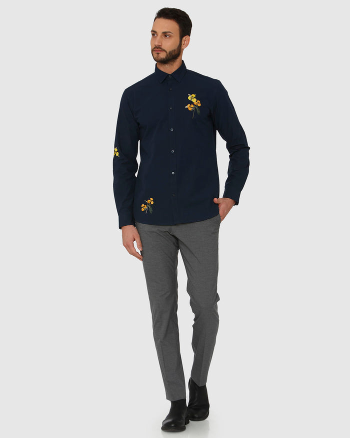 Blue Floral Embroidered Full Sleeves Shirt