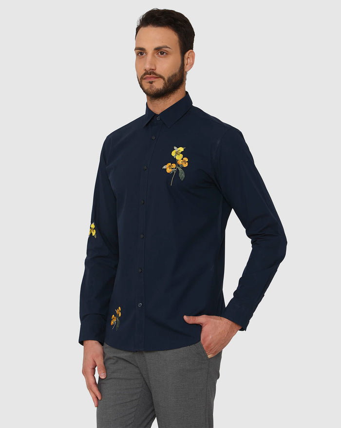 Blue Floral Embroidered Full Sleeves Shirt