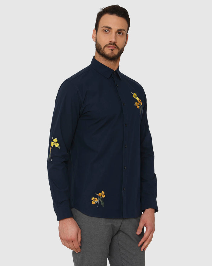 Blue Floral Embroidered Full Sleeves Shirt