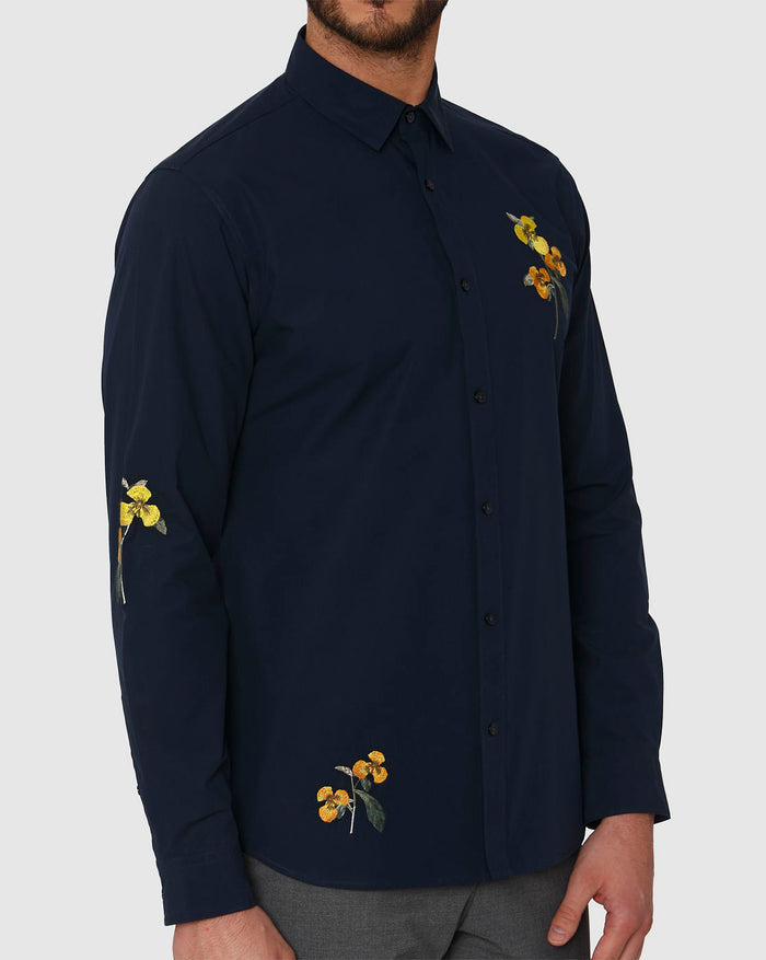 Blue Floral Embroidered Full Sleeves Shirt