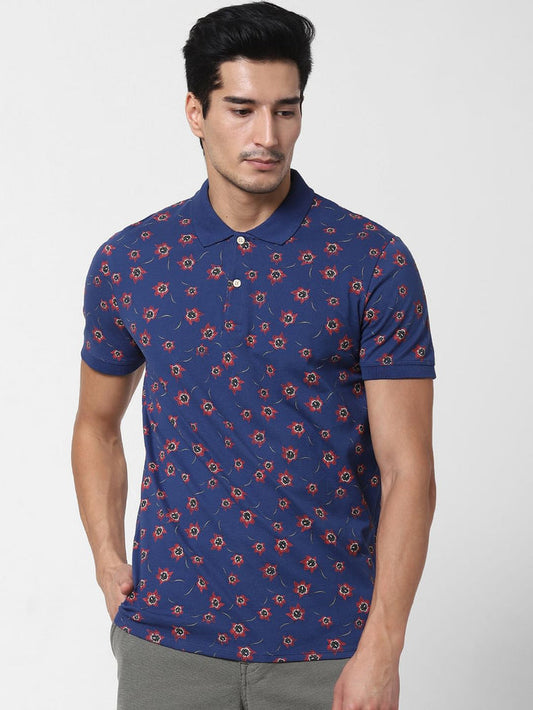 Blue Floral Print Polo Neck T-Shirt