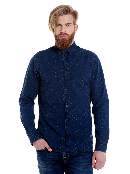 Blue Printed Denim Full Sleeves Shirt