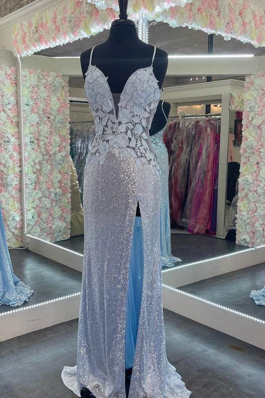 Blue Spaghetti Straps V-Neck Sequins Appliques Long Prom Dress with Slit