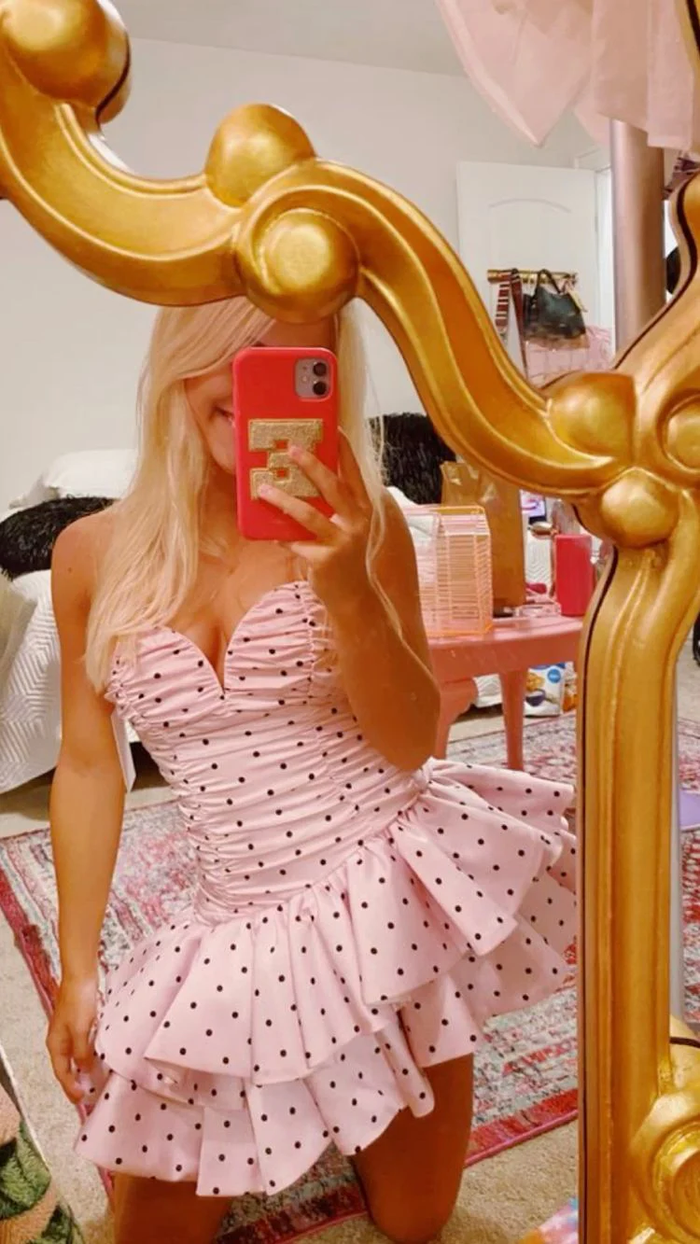 Bohemian Mini Dress,Pink Dot Short Homecoming Dress,Pink Tiered Dress