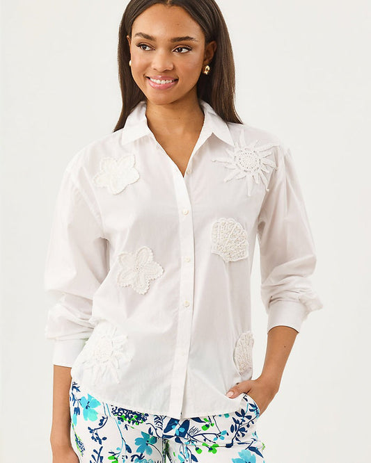 Lilly Pulitzer - Bondi Button Down Top - Resort White Seaside Applique
