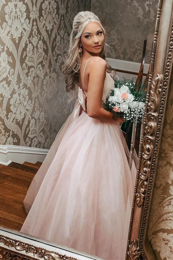Bow Back Pink A-line Empire-Waist Sleeveless Tulle  Long Prom Dress