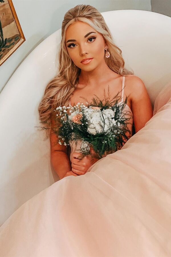 Bow Back Pink A-line Empire-Waist Sleeveless Tulle  Long Prom Dress