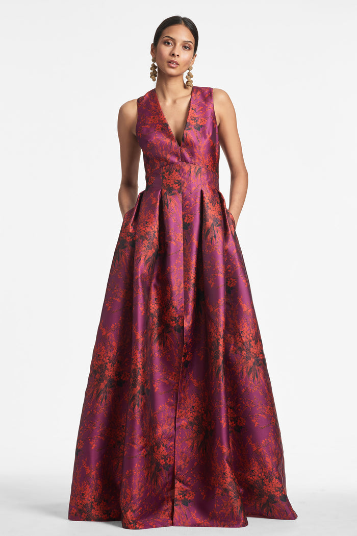 BROOKE MAGENTA FLORAL MIKADO V NECK BALL GOWN - FINAL SALE