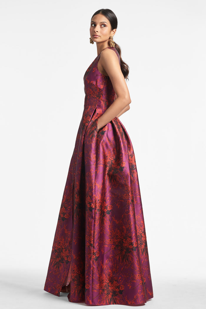 BROOKE MAGENTA FLORAL MIKADO V NECK BALL GOWN - FINAL SALE