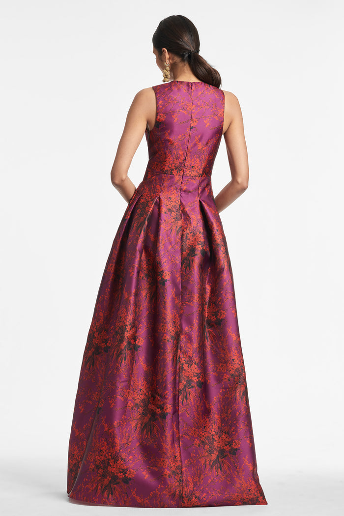 BROOKE MAGENTA FLORAL MIKADO V NECK BALL GOWN - FINAL SALE