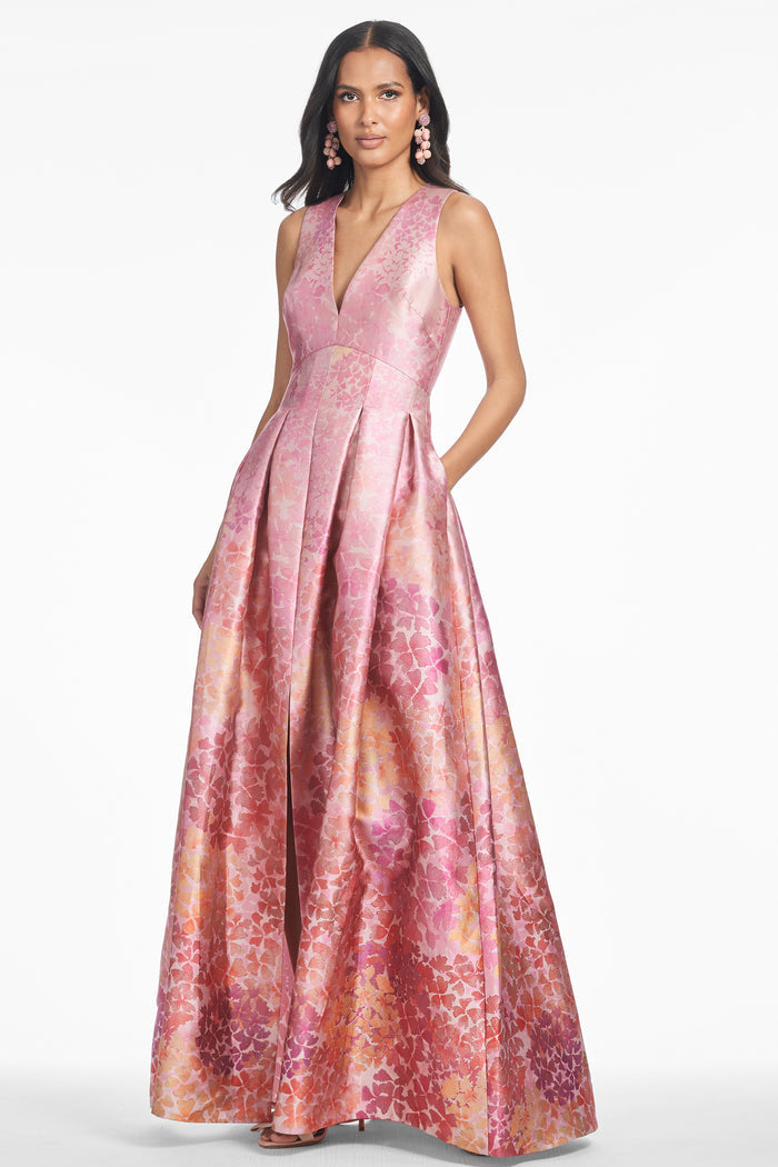 BROOKE ROSE PINK FLORAL MIKADO V NECK BALL GOWN - FINAL SALE