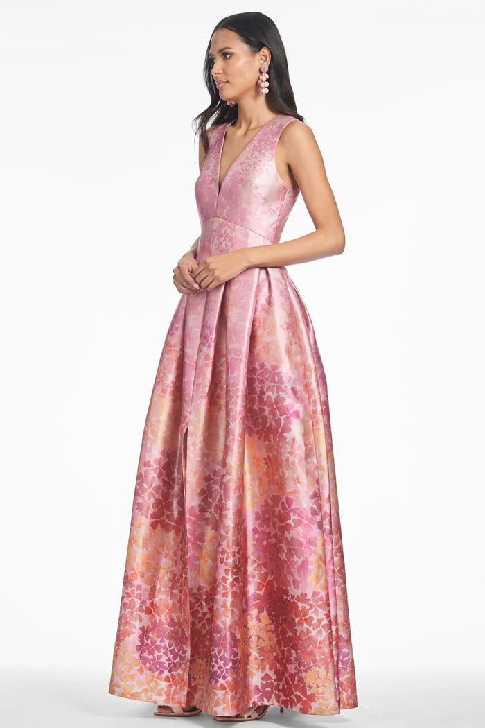 BROOKE ROSE PINK FLORAL MIKADO V NECK BALL GOWN - FINAL SALE